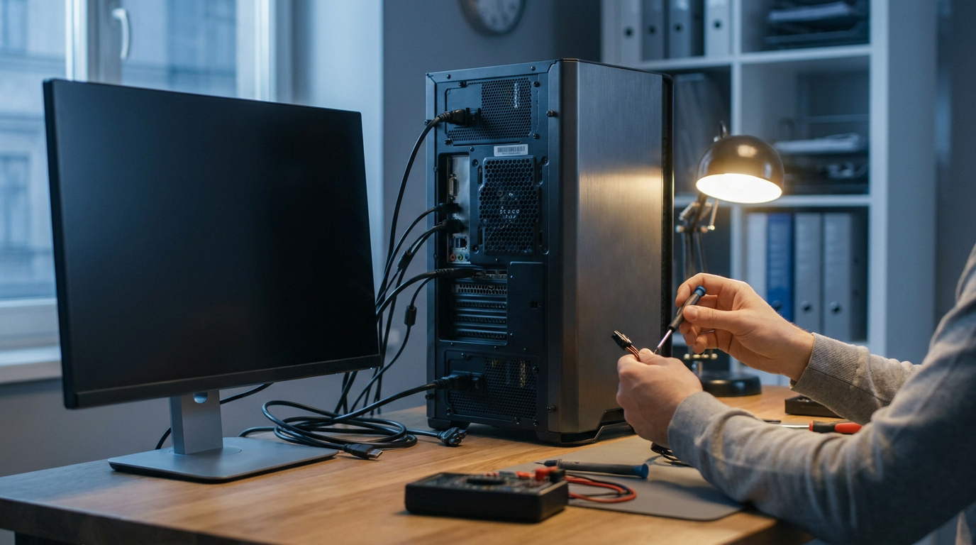 Vue arrière d'un PC de bureau avec moniteur éteint sur un bureau en bois. Une personne répare des câbles avec un tournevis, sous la lumière d'une lampe.