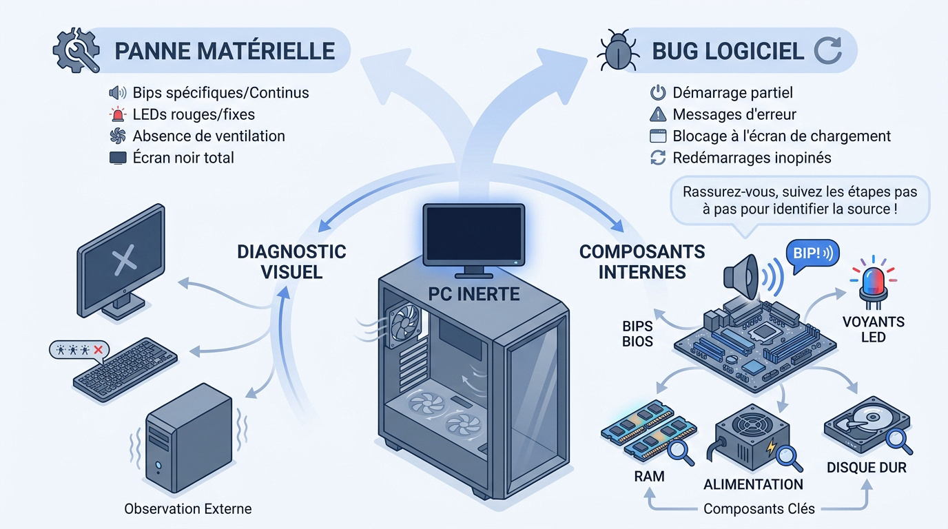 Technicien examinant un PC qui ne démarre plus