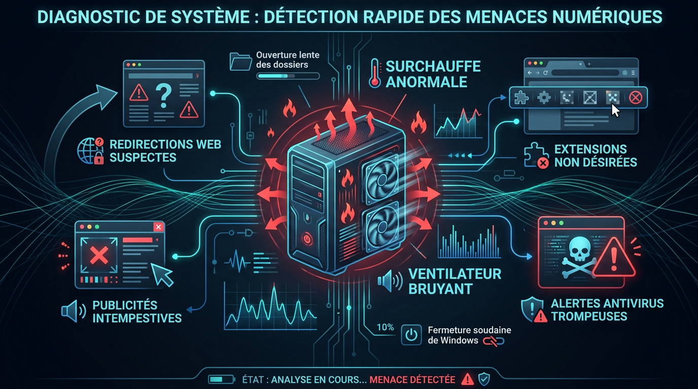 Interface de diagnostic système affichant une détection de menaces numériques sur un écran d'ordinateur