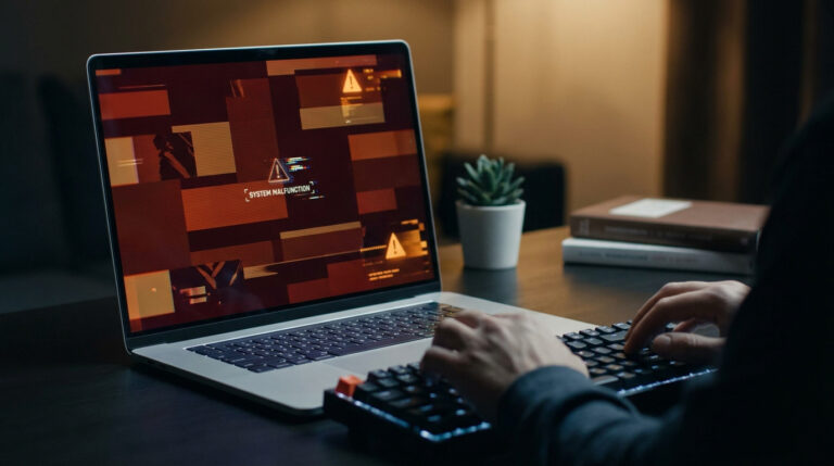 Mains tapant sur un clavier. L'écran du PC affiche un message "SYSTEM MALFUNCTION" et des icônes d'avertissement jaunes sur fond rouge.