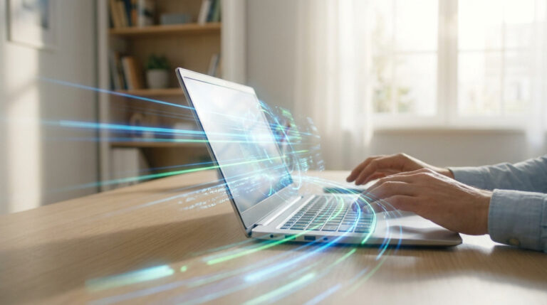 Mains tapant sur un ordinateur portable lumineux avec des flux de données numériques et un globe virtuel, symbolisant la vitesse.