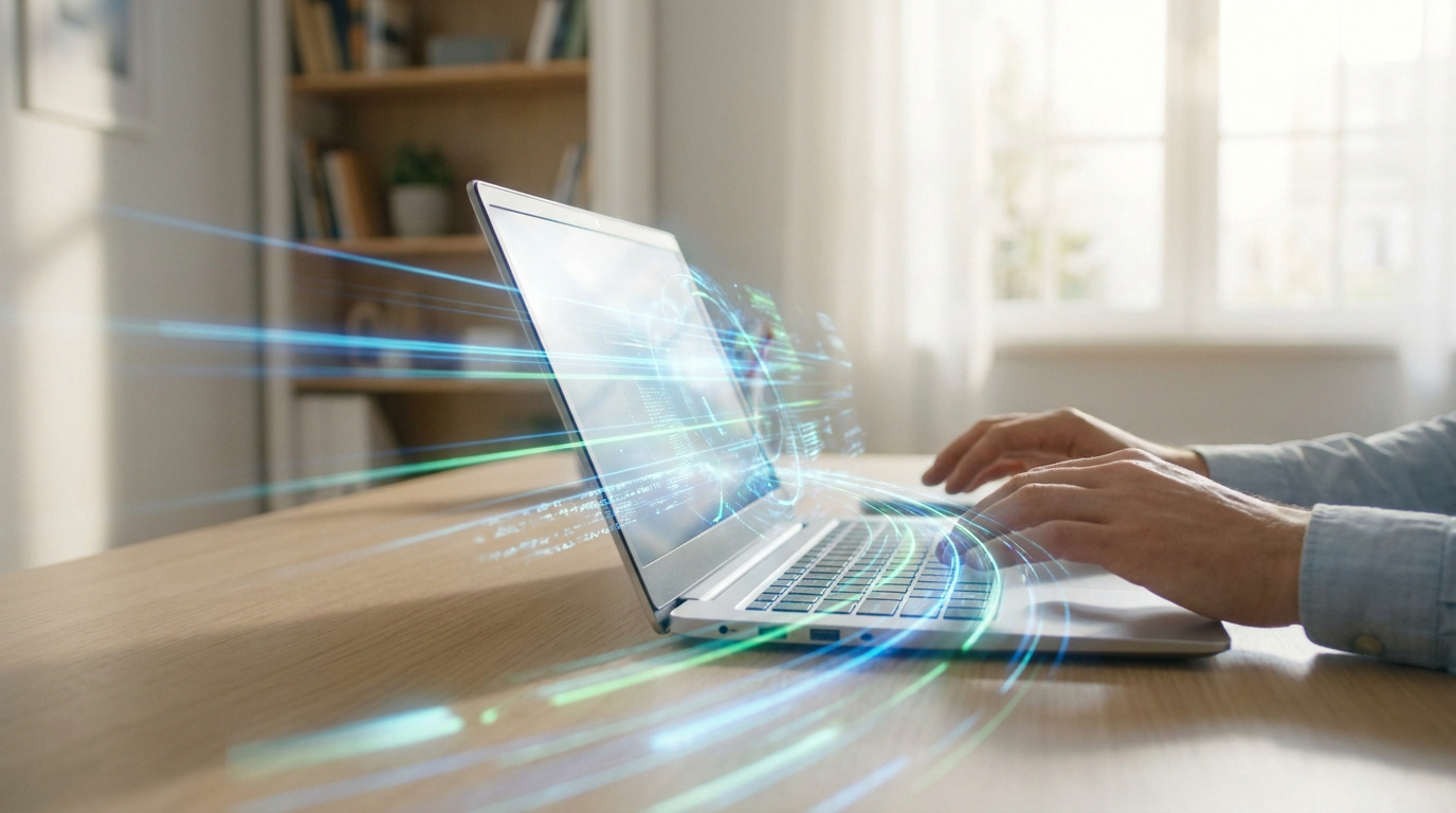 Mains tapant sur un ordinateur portable lumineux avec des flux de données numériques et un globe virtuel, symbolisant la vitesse.