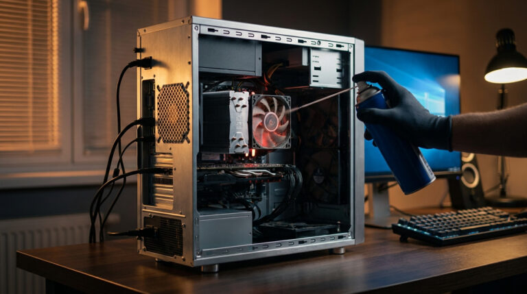 Main gantée nettoyant le ventilateur d'un PC de bureau ouvert avec une bombe d'air comprimé, écran allumé en arrière-plan.