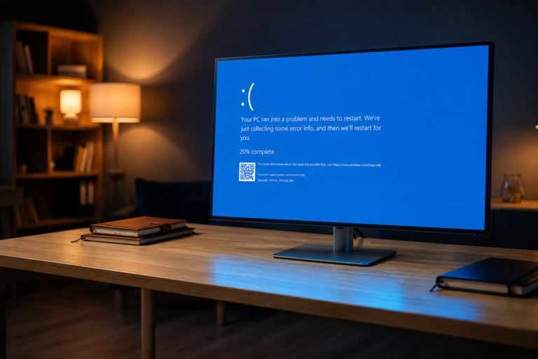 Moniteur de PC sur un bureau affichant des erreurs graphiques bleues et des motifs numériques abstraits.