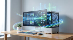 Configuration PC moderne avec écran affichant des données et applications. Flux lumineux et graphiques de progression évoquent performance et rapidité.