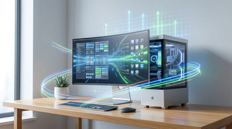 Configuration PC moderne avec écran affichant des données et applications. Flux lumineux et graphiques de progression évoquent performance et rapidité.