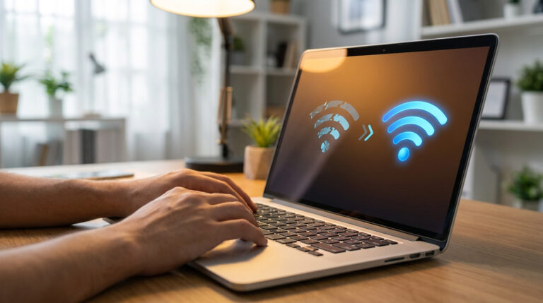 Mains tapant sur un ordinateur portable affichant des icônes Wi-Fi : une cassée et une stable, symbolisant la reconnexion.
