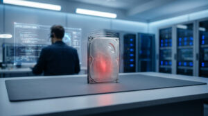 Un disque dur défectueux brillant en rouge sur une table. En arrière-plan flou, un technicien devant des écrans holographiques et des serveurs.