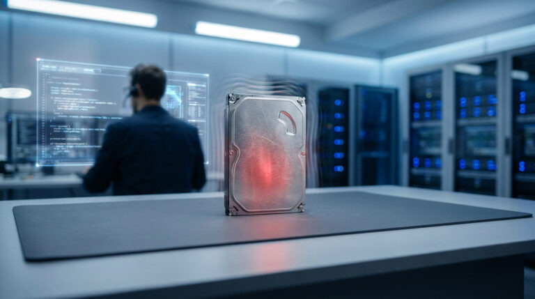Un disque dur défectueux brillant en rouge sur une table. En arrière-plan flou, un technicien devant des écrans holographiques et des serveurs.