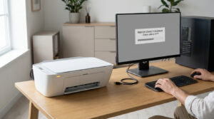 Personne face à un écran affichant une erreur de connexion d'imprimante. L'imprimante est à gauche, un câble USB est débranché.