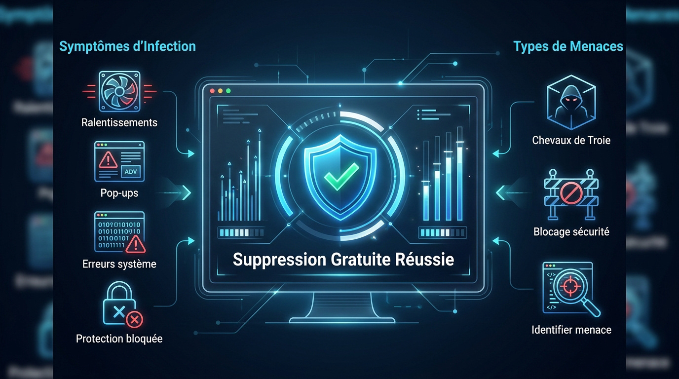 Infographie expliquant comment supprimer un virus sur PC gratuitement avec les outils Windows