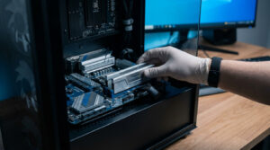 Main gantée installant une barrette de RAM dans une carte mère d'ordinateur.
