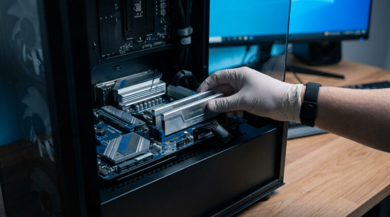 Main gantée installant une barrette de RAM dans une carte mère d'ordinateur.