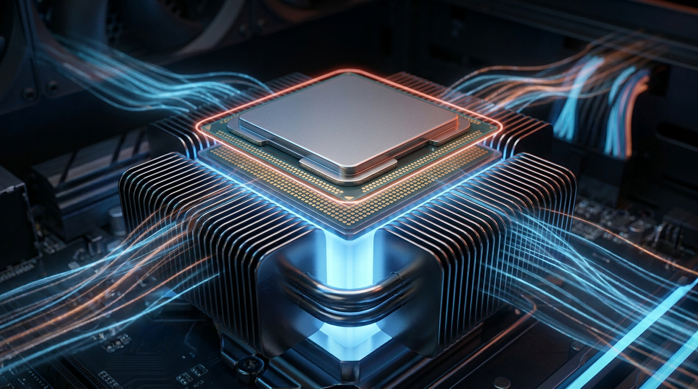 Processeur informatique avec dissipateur thermique métallique et flux lumineux symbolisant le refroidissement.