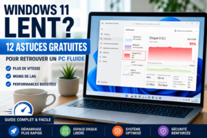 Ordinateur sous Windows 11 ralenti avec gestionnaire des tâches affichant une forte utilisation du disque et de la mémoire Titre image SEO