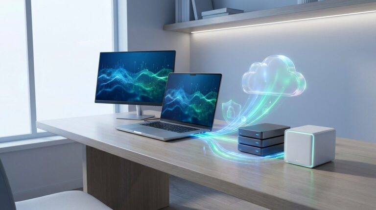 Un ordinateur portable et des disques durs transférant des données vers un nuage holographique sécurisé.
