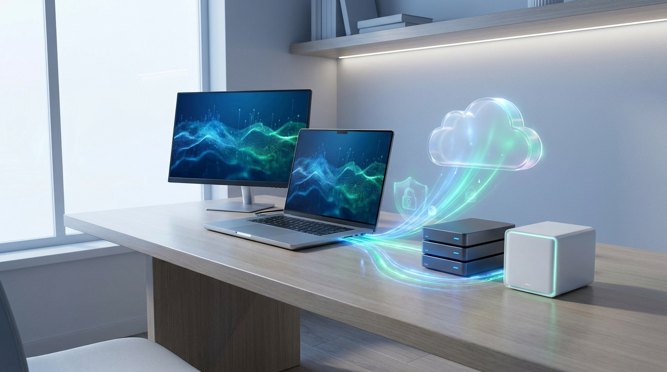Un ordinateur portable et des disques durs transférant des données vers un nuage holographique sécurisé.