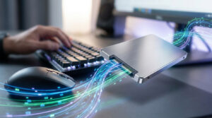 Un SSD flottant avec des flux de données lumineux au-dessus d'un bureau informatique avec clavier et souris.