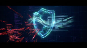 Un bouclier numérique brillant protégeant un ordinateur contre des codes malveillants sur un fond technologique sombre.