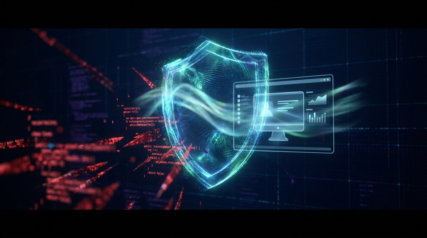 Un bouclier numérique brillant protégeant un ordinateur contre des codes malveillants sur un fond technologique sombre.