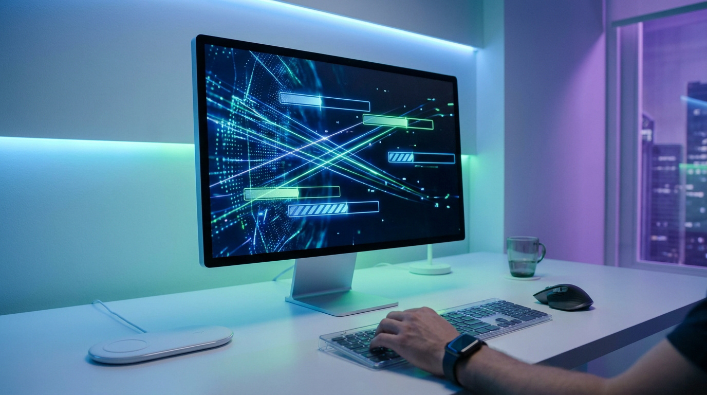 Une personne utilise un ordinateur avec des barres de progression lumineuses à l'écran dans un bureau futuriste.