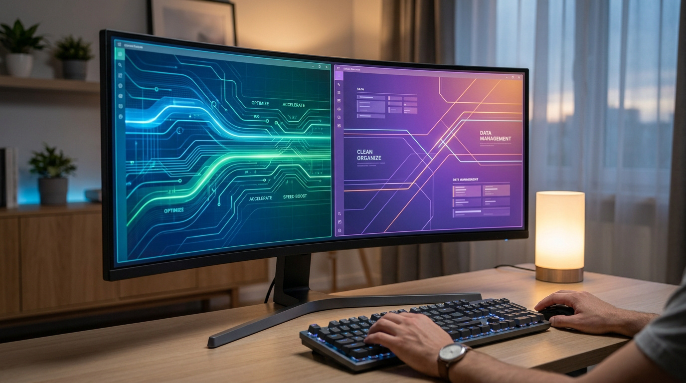 Écran ultra-large affichant une interface de logiciel de nettoyage PC avec des graphiques système modernes.