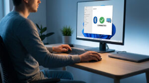 Un utilisateur devant son PC affichant les paramètres Bluetooth avec l'indication "CONNECTED" sur l'écran.