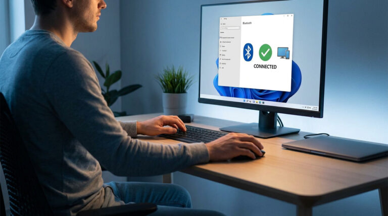 Un utilisateur devant son PC affichant les paramètres Bluetooth avec l'indication "CONNECTED" sur l'écran.