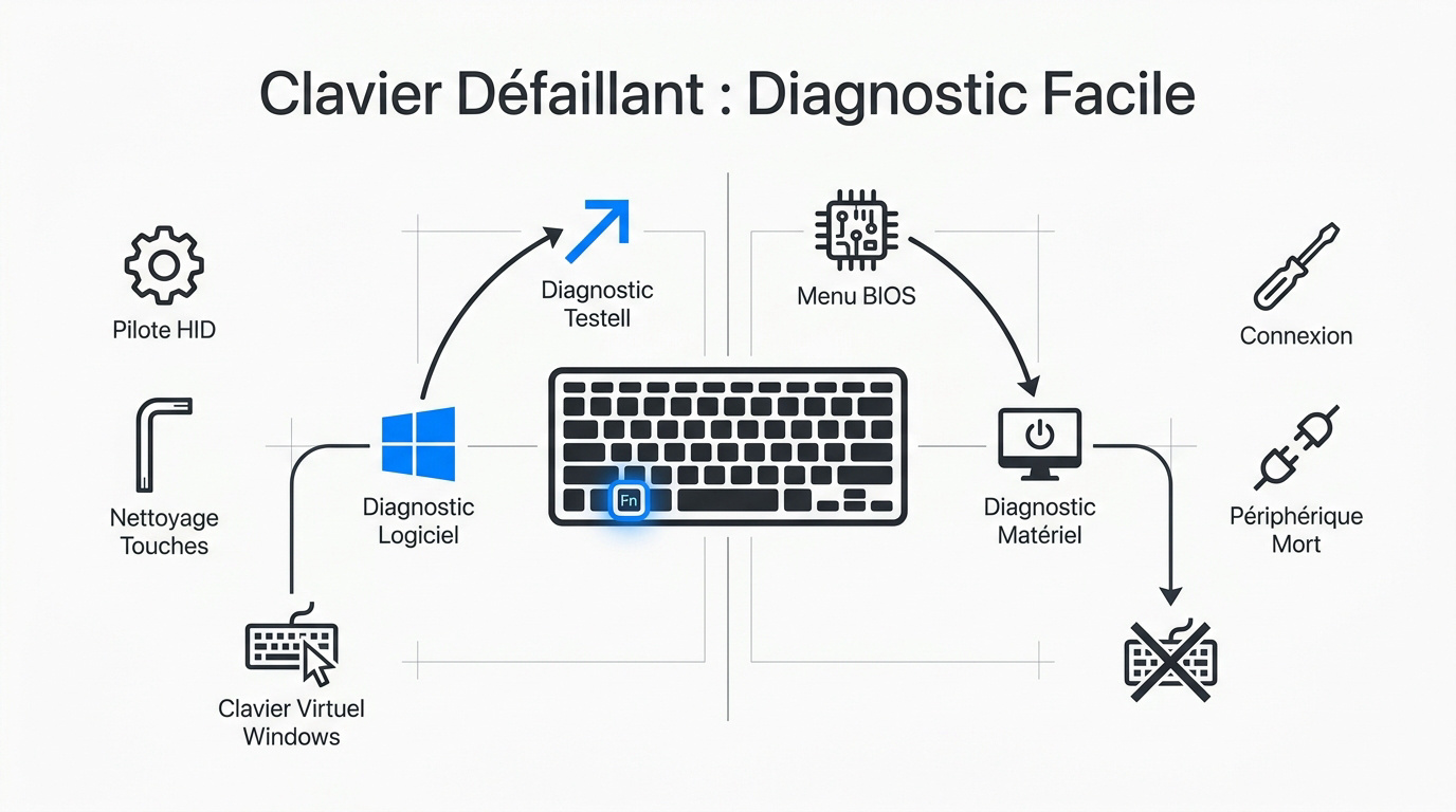 Technicien examinant un clavier d'ordinateur portable pour un diagnostic de panne