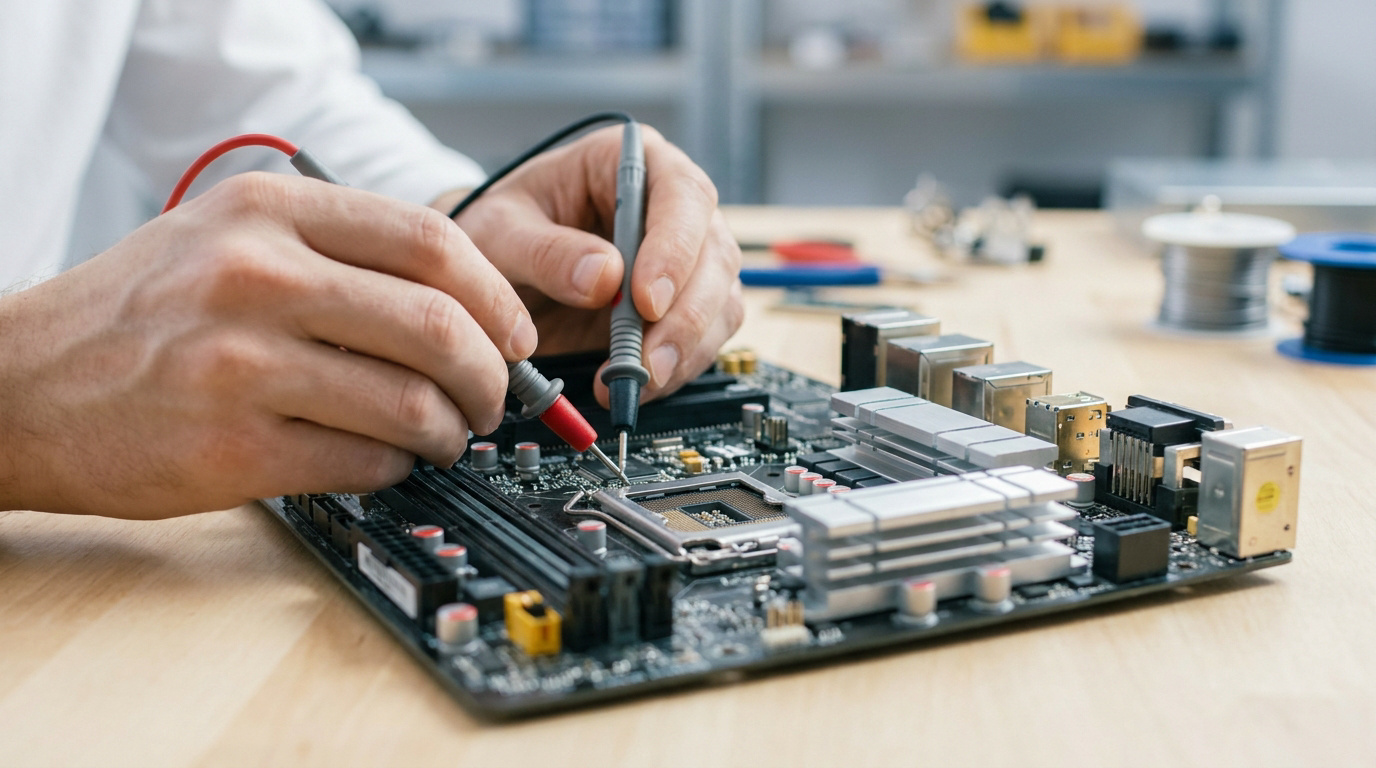 Un technicien utilise les sondes d'un multimètre pour tester les composants d'une carte mère sur un établi.