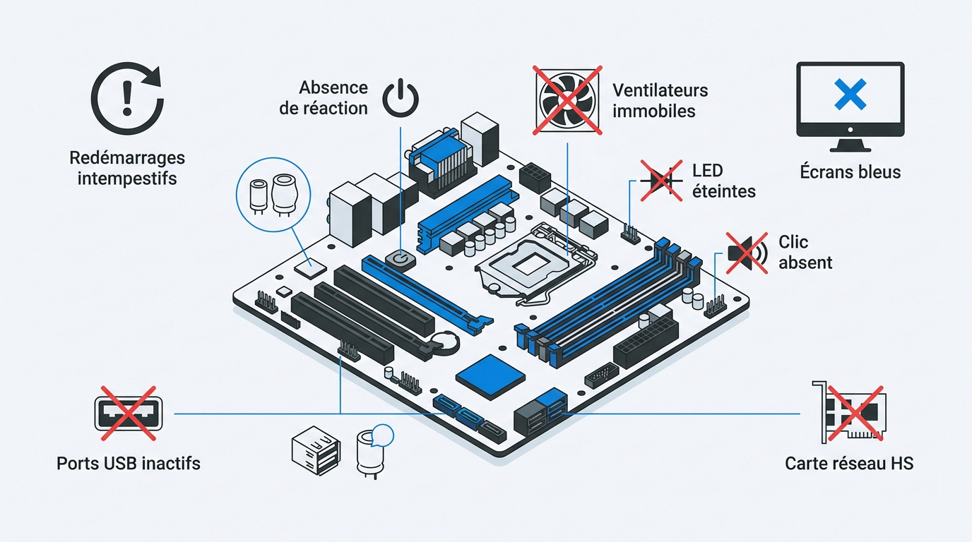 Diagnostic technique d'une carte mère de PC avec outils de mesure