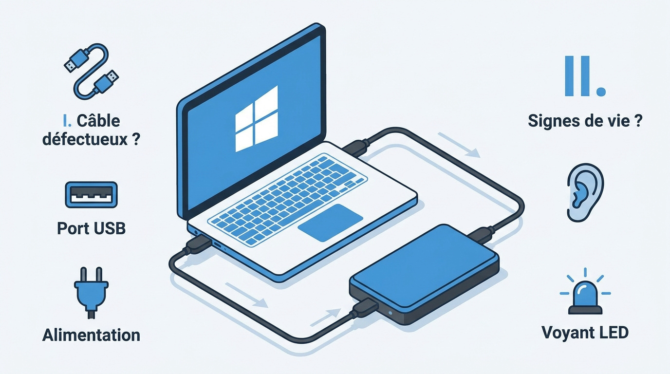 Diagnostic d'un disque dur externe non reconnu