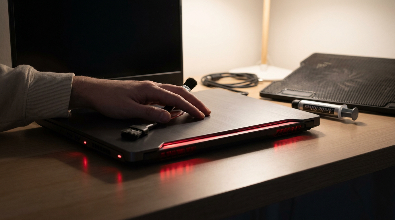 Une main utilisant un pinceau pour nettoyer un PC portable gamer sur un bureau, avec de la pâte thermique à côté.