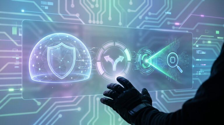 Une main gantée interagissant avec une interface holographique affichant des symboles de cybersécurité et une loupe numérique.