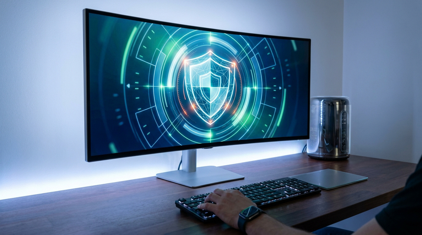 Un écran large affichant un bouclier numérique futuriste au-dessus d'un bureau avec une main utilisant un clavier.