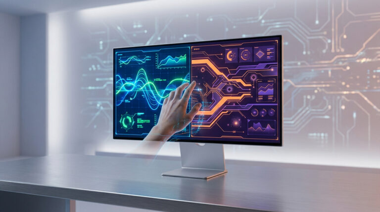 Une main interagit avec une interface numérique futuriste affichée sur un écran d'ordinateur moderne.