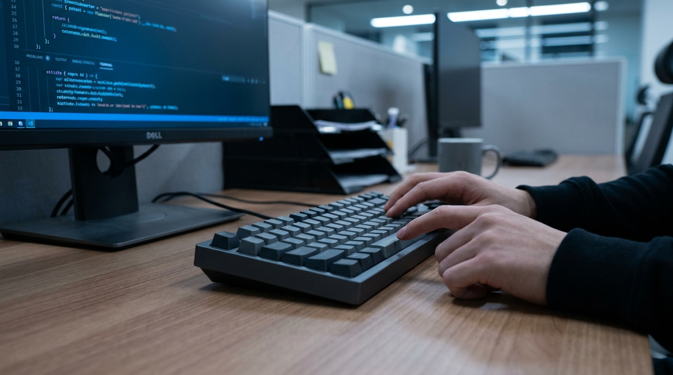 Mains d'un développeur travaillant sur un clavier d'ordinateur devant un écran affichant du code informatique.