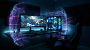 Configuration PC gamer protégée par un bouclier numérique holographique contre les cybermenaces.