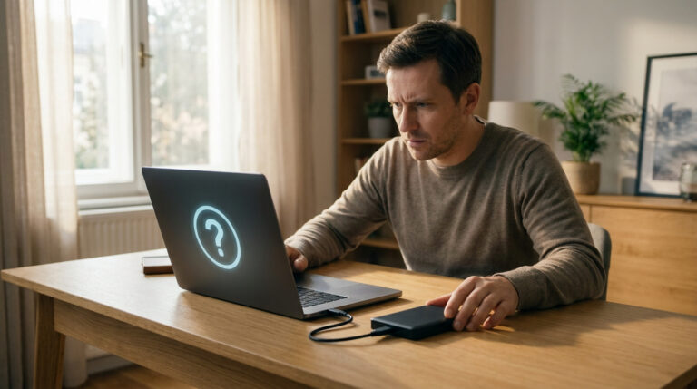 Un homme inquiet devant son ordinateur affichant un point d'interrogation, tentant de connecter un disque dur externe.