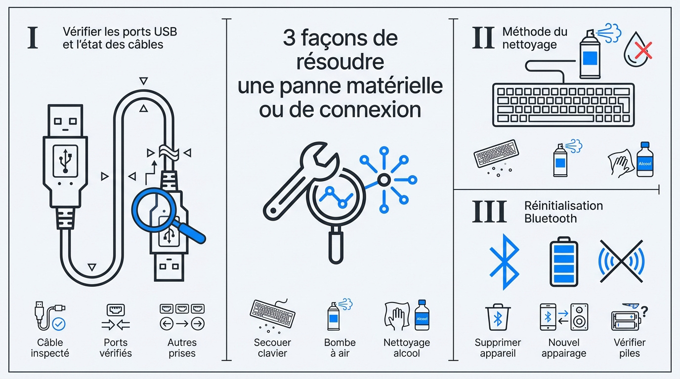 Technicien vérifiant les connexions d'un clavier informatique