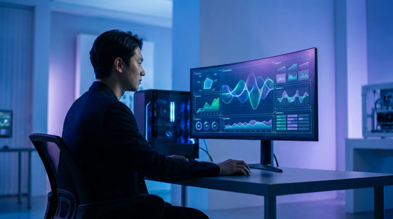 Un technicien analyse les performances d'un PC sur un écran incurvé avec des graphiques de données en temps réel.