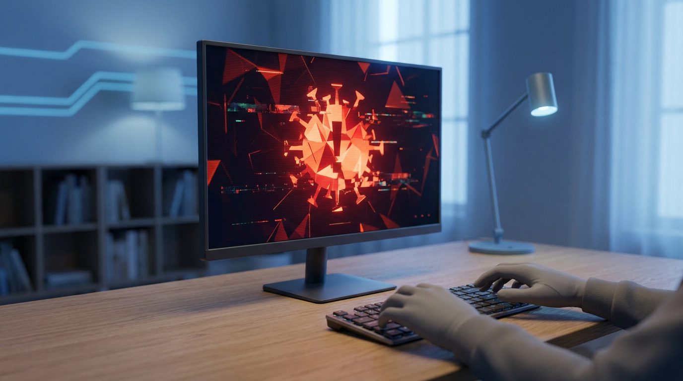 Un écran de PC affiche un symbole de virus rouge avec un point d'exclamation, une personne tape sur un clavier.