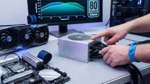 Mains d'un technicien installant les câbles d'une alimentation PC certifiée 80 PLUS Titanium sur une table de montage.