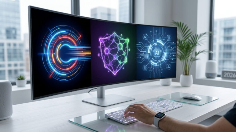 Un écran incurvé affichant des visuels technologiques avec une main utilisant un clavier.