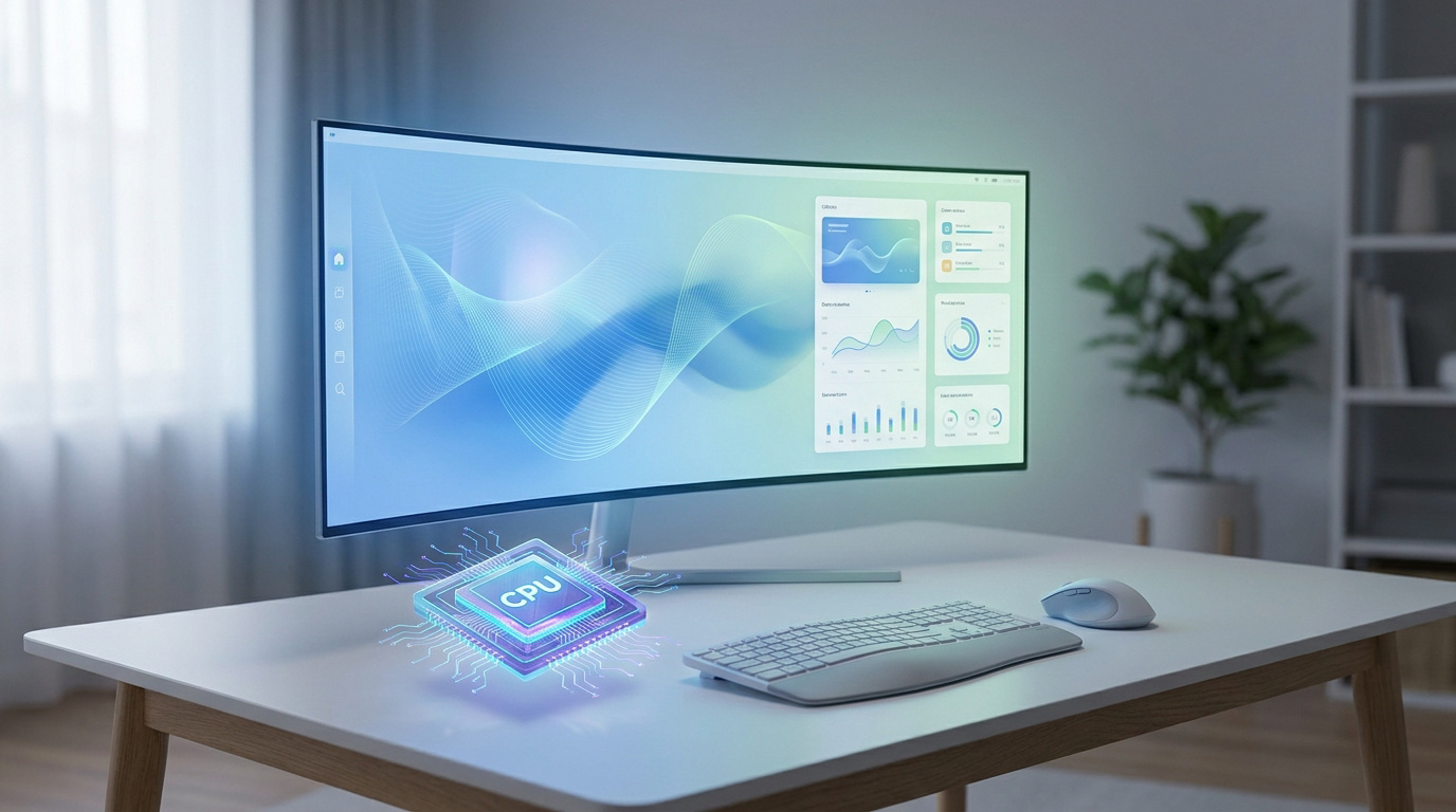 Un écran large de PC affichant des données techniques avec une puce CPU holographique flottant sur un bureau moderne.