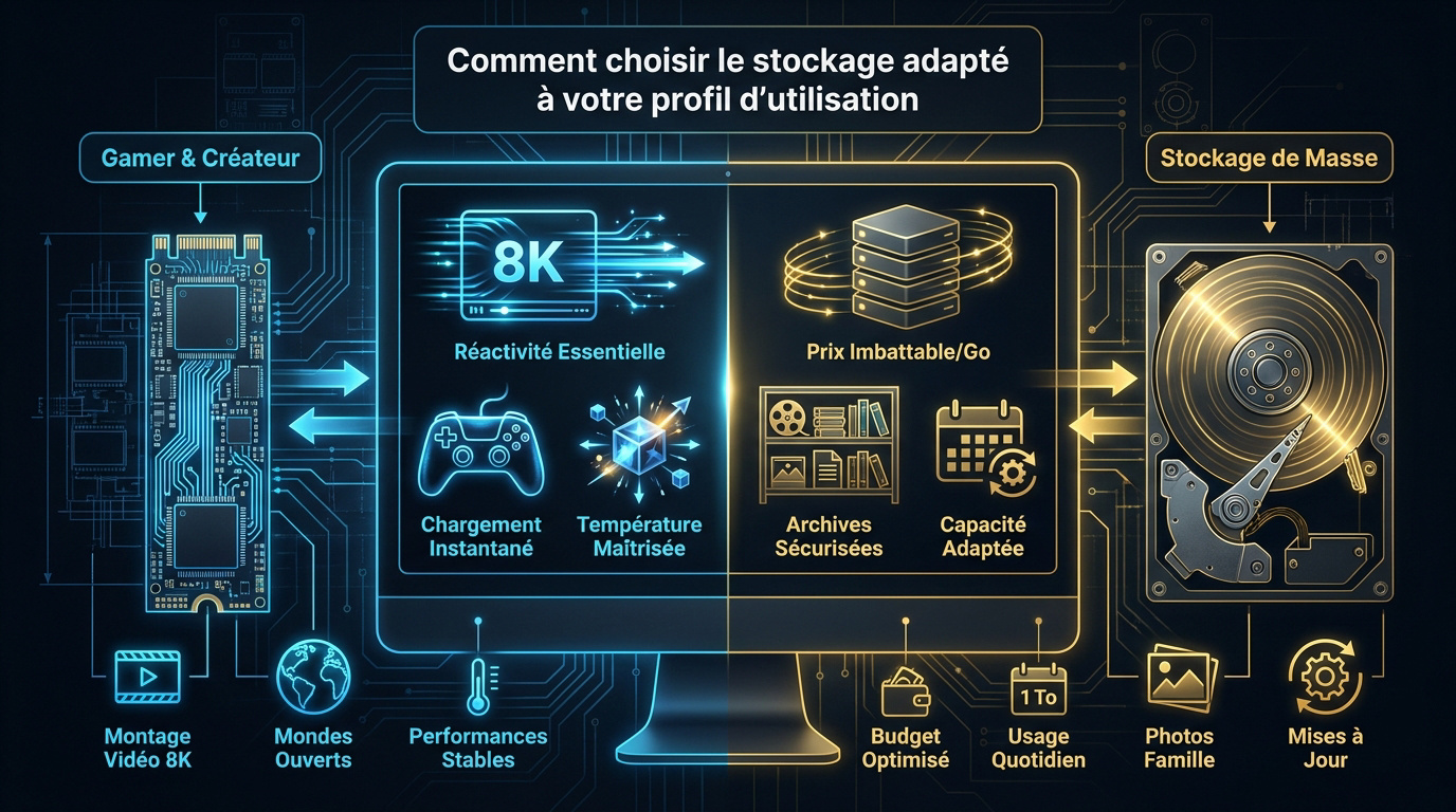 Comparaison visuelle entre un disque dur HDD pour le stockage de masse et un SSD pour le gaming