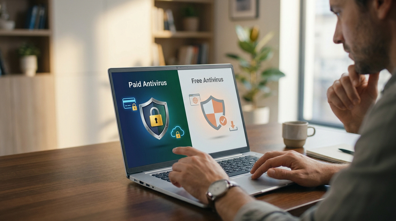 Un homme compare deux options d'antivirus, payant et gratuit, sur l'écran d'un ordinateur portable.