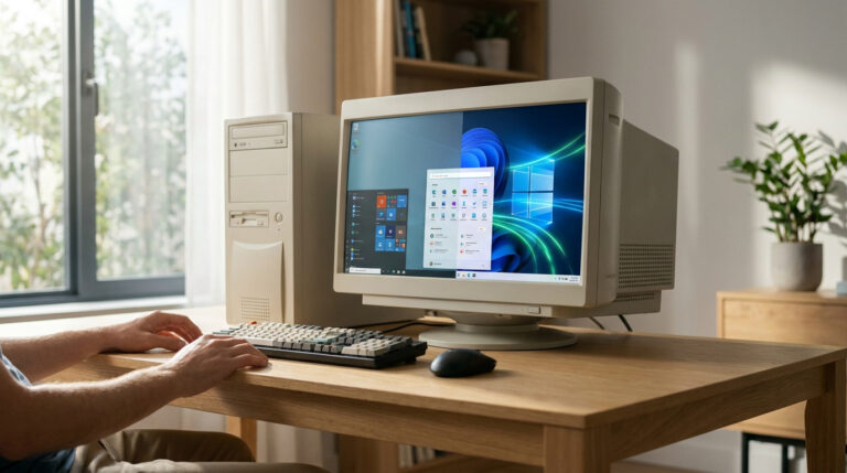 Un vieil ordinateur avec un écran cathodique affichant une interface divisée entre Windows 10 et Windows 11.