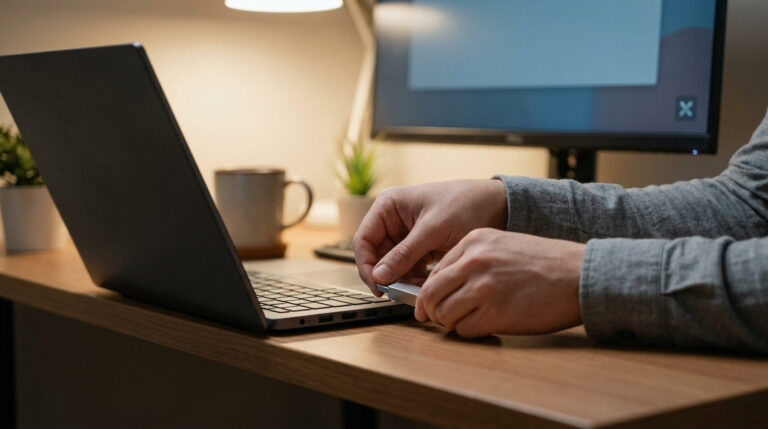 Une personne essaie d'insérer une clé USB dans le port latéral d'un ordinateur portable sur un bureau.