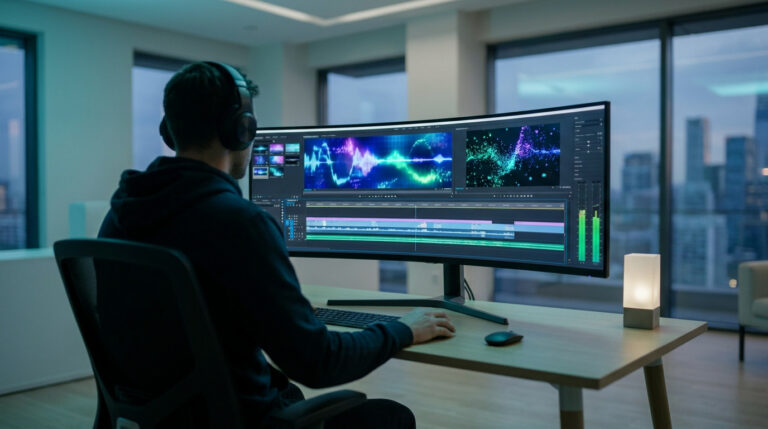 Un monteur vidéo travaille sur un écran incurvé ultra-large affichant un logiciel de montage complexe.